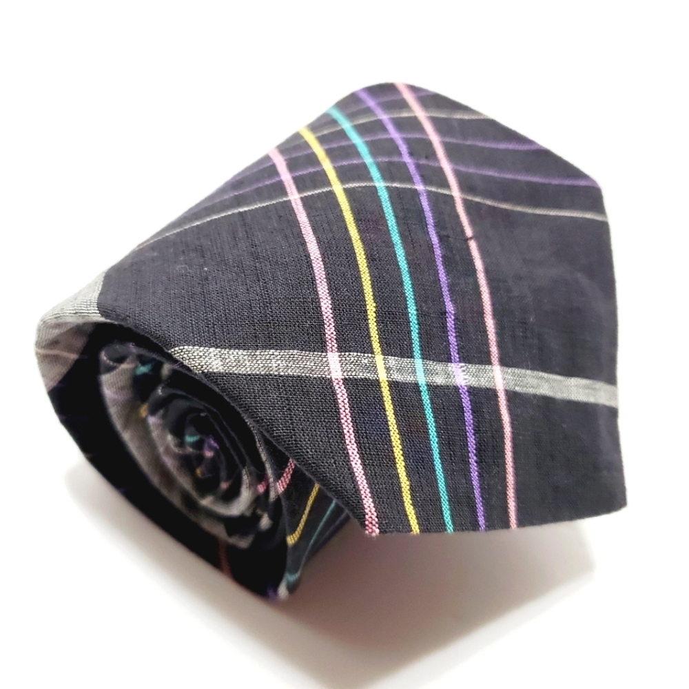 Kenneth Roberts Necktie Black Plaid Pattern Cotton Neck Tie 56x4"